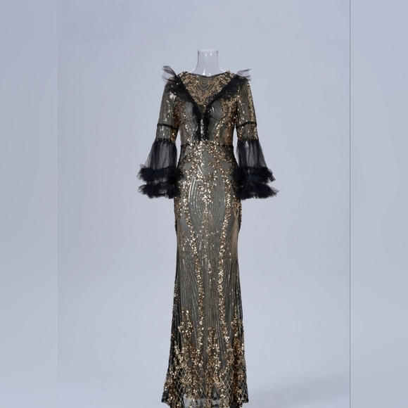 Silver Sequin Gown with V-Neck and Bishop Sleeves - Picture 7 of 15